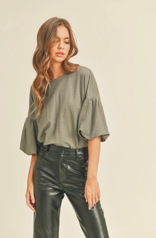 Olive Bubble Sleeve Top